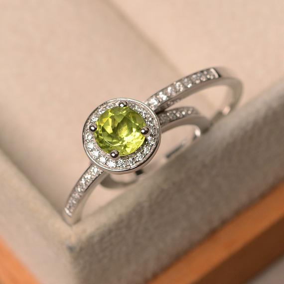 Peridot Ring, August Birthstone Ring, Round Cut,  Bridal Sets, Sterling Silver Halo Ring