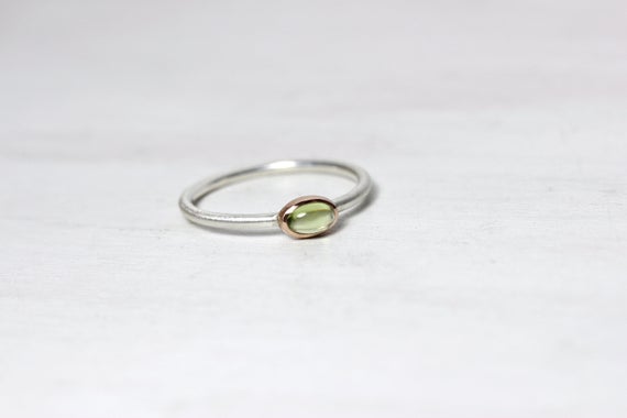 Tiny Peridot Ring 14k Rose Gold Silver Boho Pale Green August Birthstone Delicate Gemstone Stackable Oval Cabochon Gem Dainty Band - Pernod