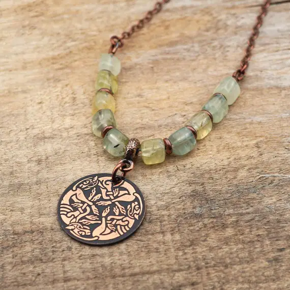 Copper Celtic Dogs Necklace With Light Green Prehnite Beads, Etched Metal Hounds, 21 Inches Long