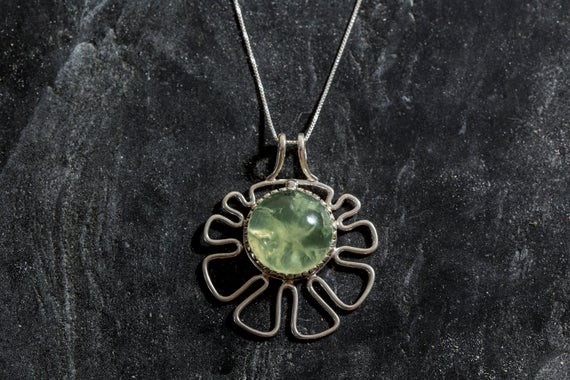 Prehnite Pendant, Statement Flower Necklace, Natural Prehnite Pendant, Round Prehnite Necklace, For Her, Silver Necklace, Adina Stone
