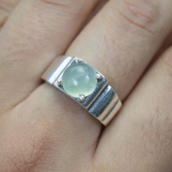 Prehnite 925 Sterling Silver Green Prehnite Round Shape Gemstone Jewelry Ring