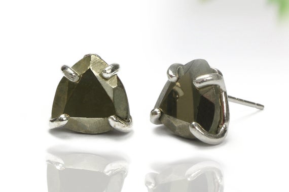 925 Sterling Silver Pyrite Earrings · Bridal Raw Gemstone Earrings · Silver Post Earrings · Stud Earrings For Women · Trillion Earrings