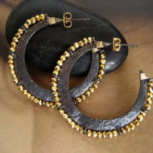 Golden pyrite crescent hoop earrings, beaded gemstone moon shape hoops, black and gold mixed metal | Natural genuine Pyrite earrings. Buy crystal jewelry, handmade handcrafted artisan jewelry for women.  Unique handmade gift ideas. #jewelry #beadedearrings #beadedjewelry #gift #shopping #handmadejewelry #fashion #style #product #earrings #affiliate #ad