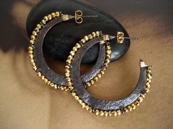 Golden Pyrite Crescent Hoop Earrings, Beaded Gemstone Moon Shape Hoops, Black And Gold Mixed Metal