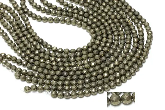Gu-6092-3 - A Grade Pyrite Faceted Rounds - 64 Facetes - 8mm - Gemstone Beads - 16" Full Strand