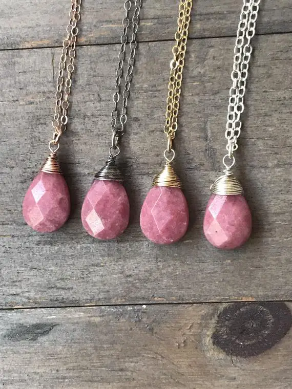 Natural Pink Rhodonite Pendant  Necklace.  Gemstone Jewelry.  Rose Gold Silver.  Wire Wrapped