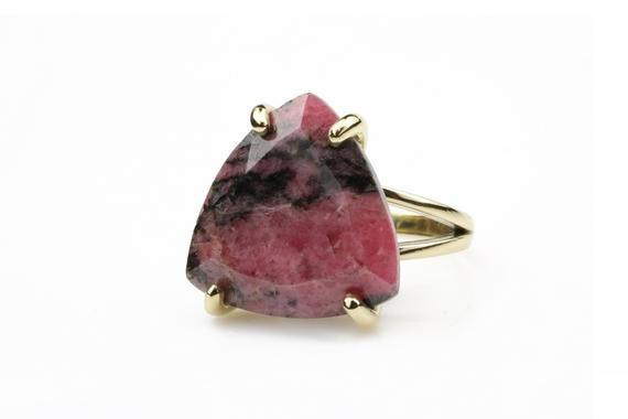 Beautiful Trillion Ring · Rhodonite Ring · Gemstone Ring · Statement Ring · Gold Ring For Women · Semiprecious Ring · Pink Stone Ring