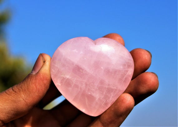60mm Pink Rose Quartz Crystal Healing Heart Gemstone Puffy Heart Chakra Energy Love Energy Spiritual Décor Crystal Grid Calming Gift Idea