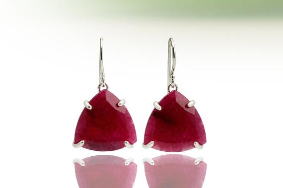 Ruby Earrings · Dangle Earrings · Trillion Earrings · Silver Earrings · Triangle Earrings · White Gold Earrings · Prong Earrings