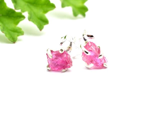 Raw Ruby Stud Earrings, Sterling Silver  Small Ruby Earrings  Rough Gemstone Studs Pink Stone Earrings Organic Jewelry ,july Birthstone