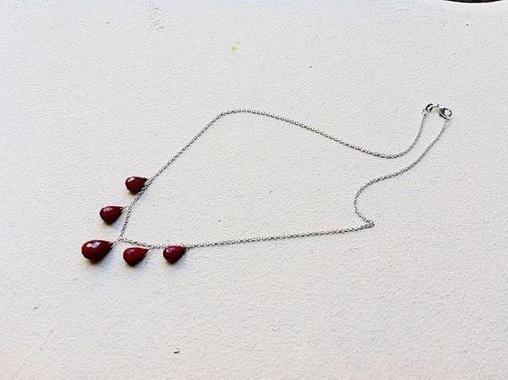 Burgundy Red Indian Ruby Stone Necklace.  Dark Red Teardrop Gemstones. Sterling Silver Jewelry. July Birthstone .