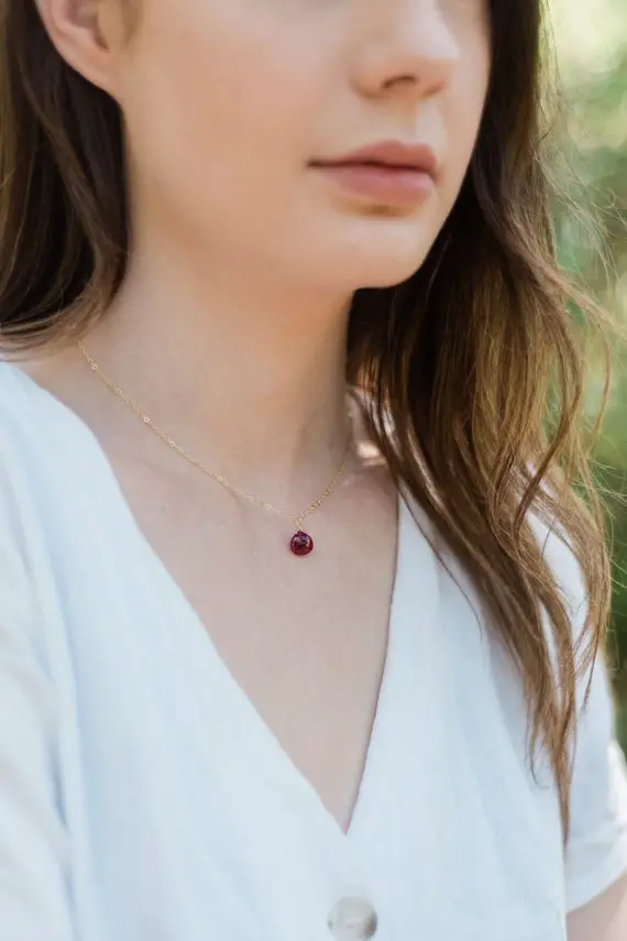 Tiny Ruby Necklace - Small Ruby Faceted Teardrop Necklace - Natural Pink Red Gemstone Necklace - July Birthstone Necklace