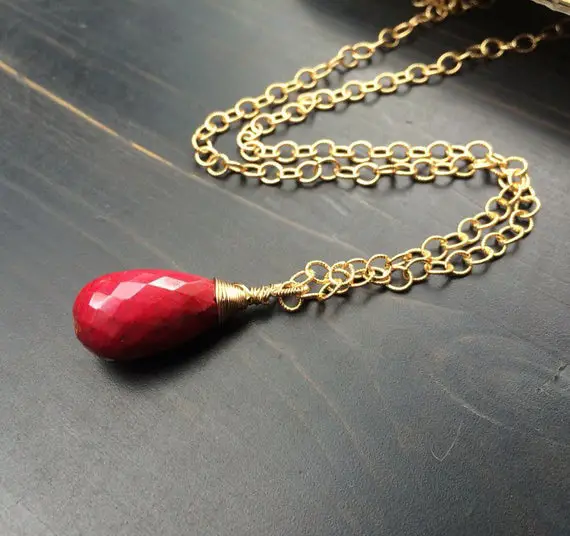 Big Natural Red Ruby Pendant Gold Necklace.  Wire Wrapped. July Birthstone.  Indian Gemstone Jewelry. Ruby Necklace.