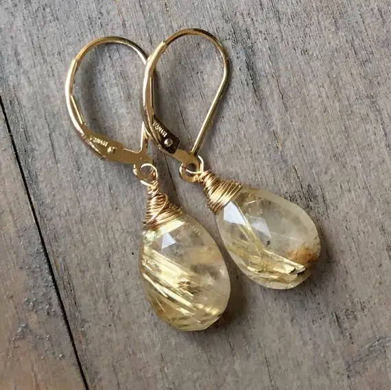 Golden Rutilated Quartz Earrings - Petite Rutile Quartz Dangles. Gold Drops. Yellow. Gemstone Earrings. Leverbacks.