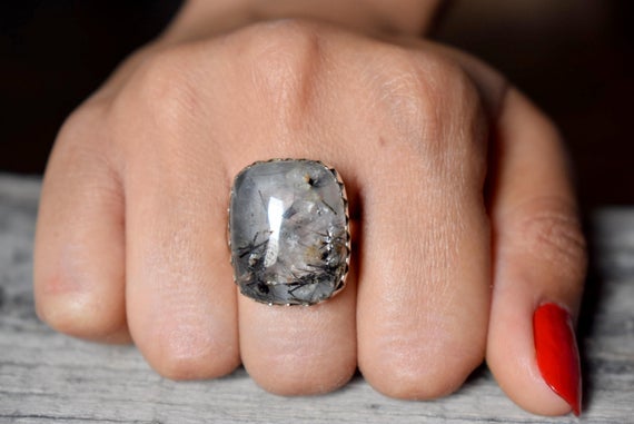 Black Rutile Quartz Ring , Statement Ring , 925 Sterling Silver , Quartz Gemstone Silver Ring , Women Jewellery Gift #b187