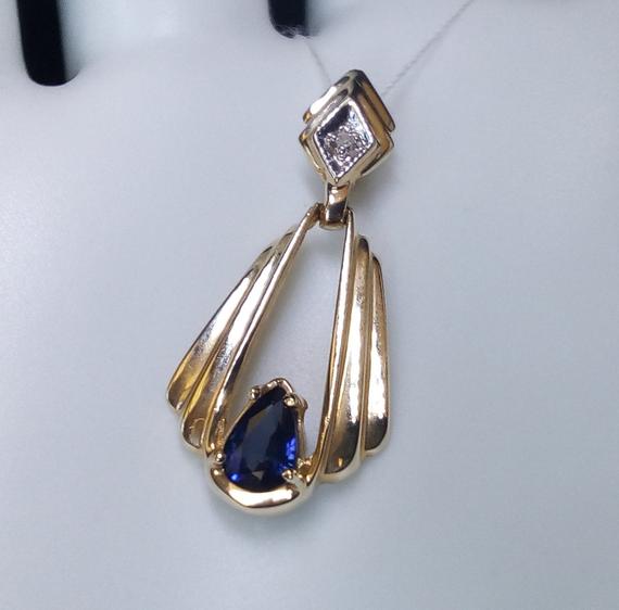 10k Gold Natural Sapphire Pendant Blue Pear Sapphire Diamond Accent 10k Yellow Gold Jewelry Gift