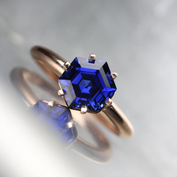 Hexagon Cut Lab Created Sapphire Engagement Ring 14k Rose White Yellow Gold Intense Blue Conflict Free Gemstone 6 Prong Bridal - Cobalt Cage
