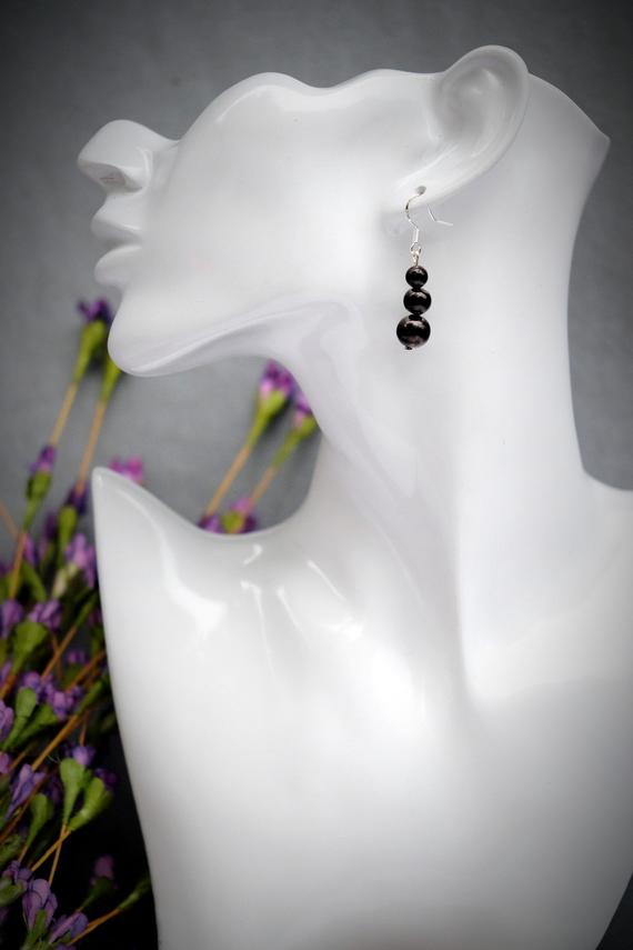 Petrovsky Shungite 75% Carbon Healing & Emf 5g Protection 10mm 8mm 6mm Round 3 Black Bead 925 Sterling Silver Dangle Drop Earrings