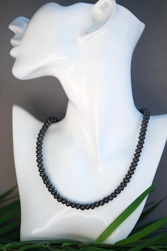 18 In. Shungite Emf Protection 5mmx 8mm Smooth Rondelle Black Bead Necklace