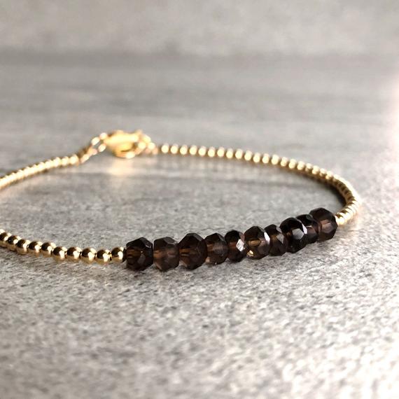 Smoky Quartz Bead Bracelet | Brown Crystal Jewelry | Faceted Gemstone Bracelet | Tiny Silver Or Gold Ball Beads