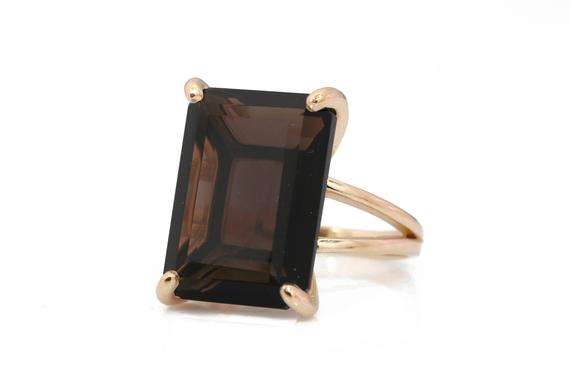 Smoky Quartz Ring · Rose Gold Ring Women · Cocktail Rings · Large Statement Rings · Brown Gem Rings · Rectangle Ring · 14k Gold Ring Stone