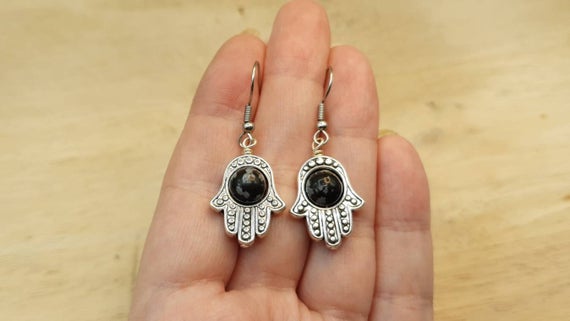 Snowflake Obsidian Hamsa Earrings. Reiki Jewelry Uk. Virgo Jewelry. Silver Plated 8mm Stone Dangle Drop Earrings. Protection Luck Symbol