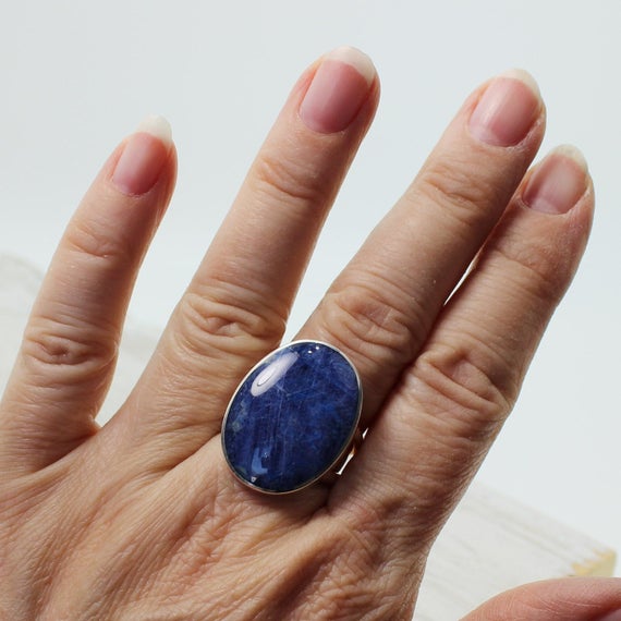 Sodalite Ring Oval Shape Natural Blue Sodalite Stone Set On Sterling Silver 925e Medium Size Ring Simple And Stylish Unisex Piece
