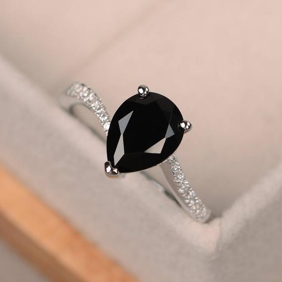 Black Ring, Pear Shaped Ring, Black Spinel Ring, Engagement Ring Silver, Black Gemstone Ring