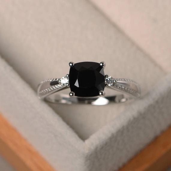 Unique Engagement Rings, Natural Black Spinel Cushion Cut Rings, Black Gemstone, Solid Silver Ring