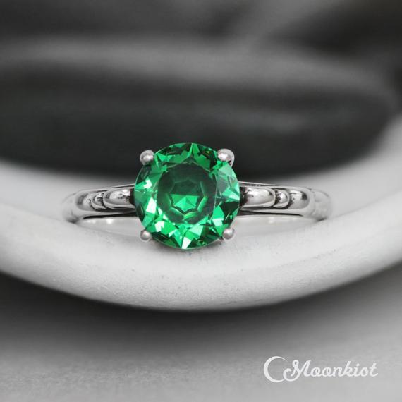 On Sale Vintage Style Large Stone Engagement Ring For Women, Sterling Silver Emerald Ring, May Birthstone Ring | Moonkist Designs