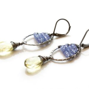Shop Tanzanite Earrings! Lemon Quartz Tanzanite Earrings Sterling Silver wire wrapped natural yellow violet gemstone unique artisan holiday gift for her women 5099 | Natural genuine Tanzanite earrings. Buy crystal jewelry, handmade handcrafted artisan jewelry for women.  Unique handmade gift ideas. #jewelry #beadedearrings #beadedjewelry #gift #shopping #handmadejewelry #fashion #style #product #earrings #affiliate #ad