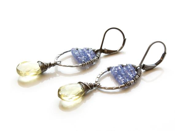 Lemon Quartz Tanzanite Earrings Sterling Silver Wire Wrapped Natural Yellow Violet Gemstone Unique Artisan Holiday Gift For Her Women 5099