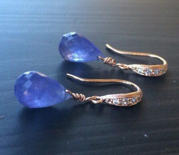 Purple Blue Tanzanite Earrings. Periwinkle Dangle Earrings. Natural Tanzanite.  Pave Jewelry. Gold Silver Or Rose Gold