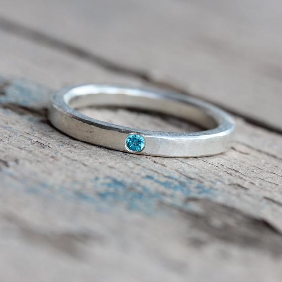 Delicate Silver Paraiba Colored Topaz Wedding Ring Hammered Texture Blue Narrow Subtle Modern Rustic Bridal Band Small Gem - Electric Dab