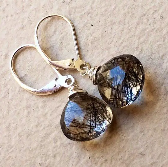 Black Tourmalated Quartz Earrings. Rutile Dangles. Solid Sterling Silver. Natural Gemstone Drops.