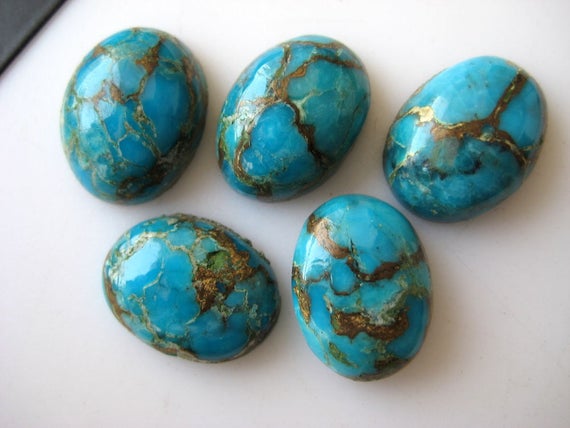 5 Pieces 16x12mm Each Blue Copper Turquoise Oval Shaped Smooth Flat Back Loose Cabochons Bb188