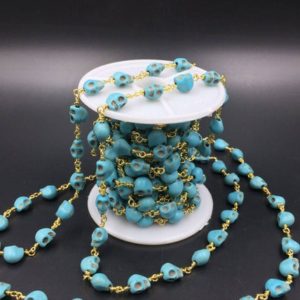 Shop Turquoise Bead Shapes! Aqua Turquoise Skull Beads Rosary Chain Wire Wrapped Skull Beads Chain Halloween Jewelry Supplies Chain Rosary Style Chain Gold Plated FCN | Natural genuine other-shape Turquoise beads for beading and jewelry making.  #jewelry #beads #beadedjewelry #diyjewelry #jewelrymaking #beadstore #beading #affiliate #ad