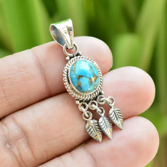 Blue Copper Turquoise Pendant | Boho Pendant | Handmade Pendant | 925 Sterling Silver | Oval Pendant | December Birthstone | Gift For Her
