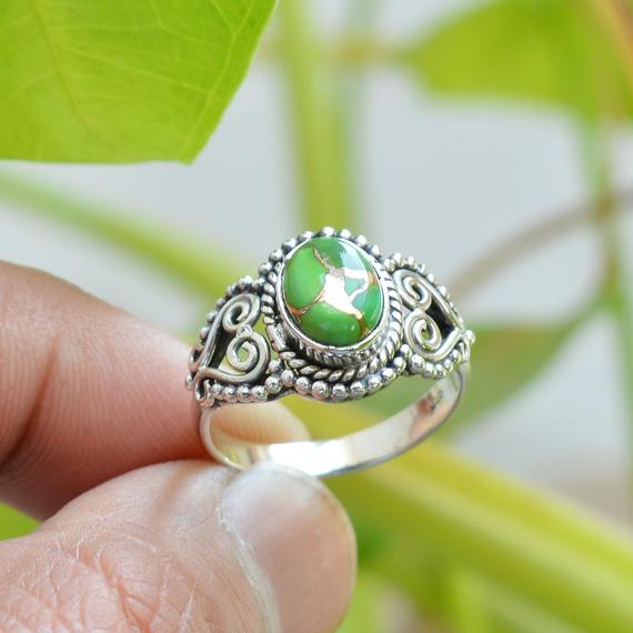 Green Copper Turquoise Ring, Handmade Ring, 925 Silver Ring, Gemstone Silver Ring, Statement Ring, Birthstone Boho Ring, Turquoise Jewelry.