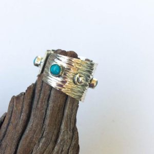 Shop Turquoise Rings! Wide silver Turquoise ring, Wide sterling silver ring, Open silver ring, Natural Turquoise ring, Texture, Tiny Turquoise, Big silver ring | Natural genuine Turquoise rings, simple unique handcrafted gemstone rings. #rings #jewelry #shopping #gift #handmade #fashion #style #affiliate #ad