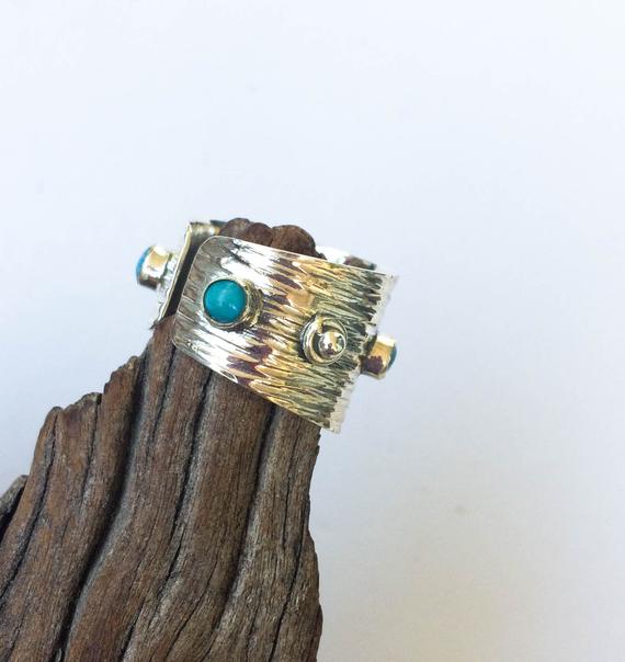 Wide Silver Turquoise Ring, Wide Sterling Silver Ring, Open Silver Ring, Natural Turquoise Ring, Texture, Tiny Turquoise, Big Silver Ring