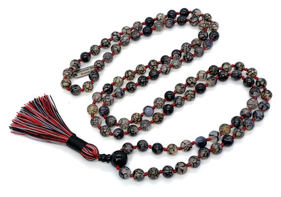 Gray Dragon Vein Agate Mala Beads Necklace Dragon Veins Agate Knotted Necklace For Men Women Agate Necklace Black And White Agate Aaa Grade