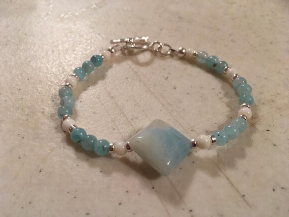 Amazonite Bracelet - Blue Jewelry - White Coral Gemstone - Sterling Silver Jewellery - Beaded