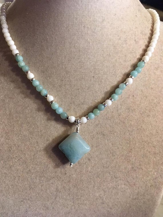 Blue Necklace - Amazonite Jewelry - White Coral - Silver Jewellery - Gemstone - Pendant - Beaded