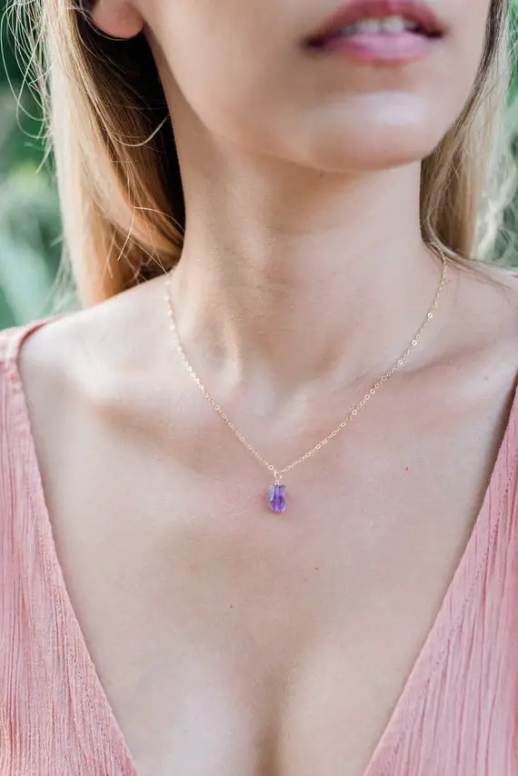 Tiny Raw Purple Amethyst Gemstone Pendant Necklace In Gold, Silver, Bronze Or Rose Gold - February Birthstone Necklace