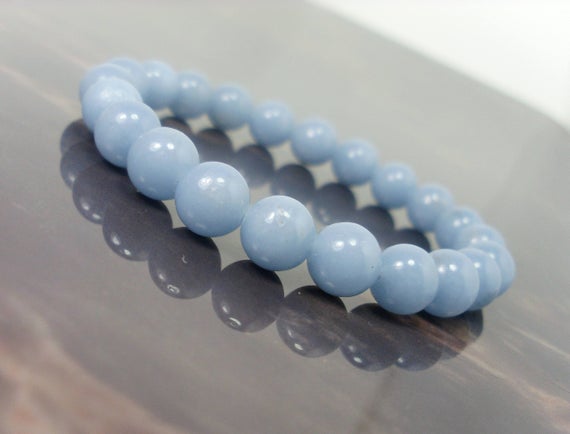 Natural Blue Angelite Bracelet 8mm, Genuine Gemstone Bracelet, Women Mens Stretch Beaded Bracelet, Healing Crystal Bracelet + Gift Bag