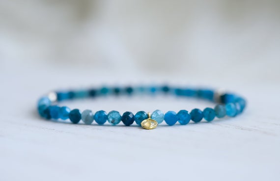 Apatite Bracelet 4mm, Aaa Apatite Bracelet | Stunning Faceted Blue Apatite Bracelet, Gemstones For Motivation, Growth, Throat Chakra #0022