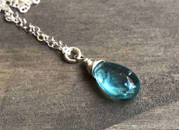 Neon Blue Apatite Pendant Necklace.  Sterling Silver, Gemstone Teardrop.  Bridal Jewelry.  Dainty Necklace