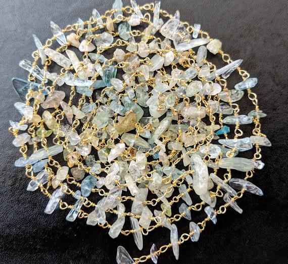 4-8mm Multi Aquamarine Wire Wrapped Chips, Aqua Rosary Style Beaded Chain, 925 Silver Gold Polish Aqua For Necklace (1ft To 5ft Options)