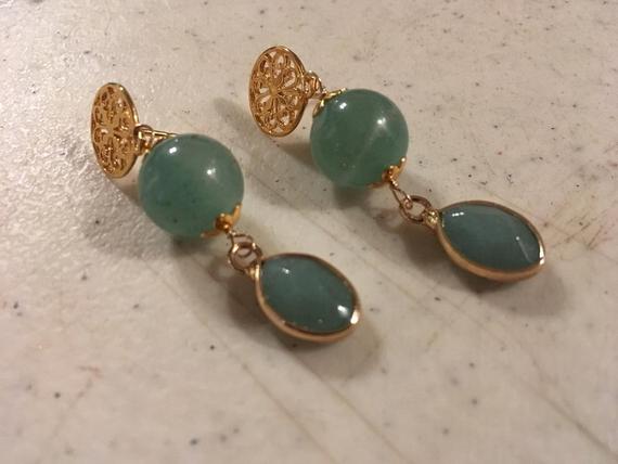 Aventurine Earrings - Green Jewelry - Gold Jewelry - Gemstone Jewellery - Elegant - Beaded - Handmade - Gift - Carmal - Pierced - Dangle